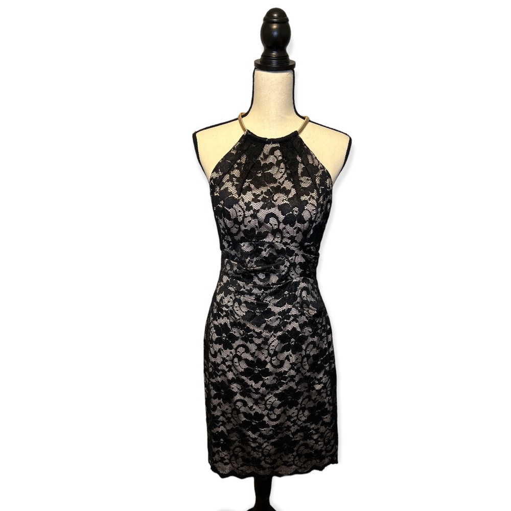 Eliza J Black Lace Dress w/ Nude Underlay